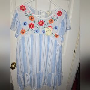 Perch by Blu Pepper 1XL Blue/White Striped Babydoll Style Mini Dress Embroidered